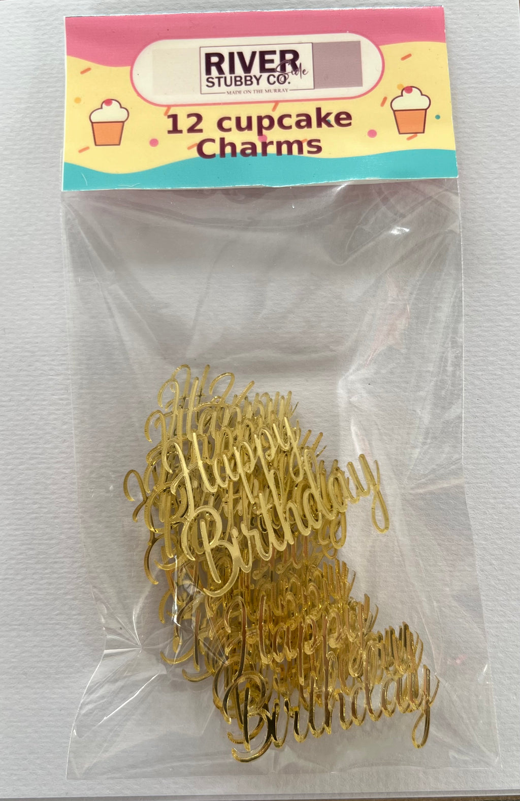 Pack of 12 gold mirror acrylic Happy Birthday cupcake charms branded Riverside Stubby Co