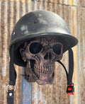 3D printed steampunk skull helmet stand with copper finish, front view