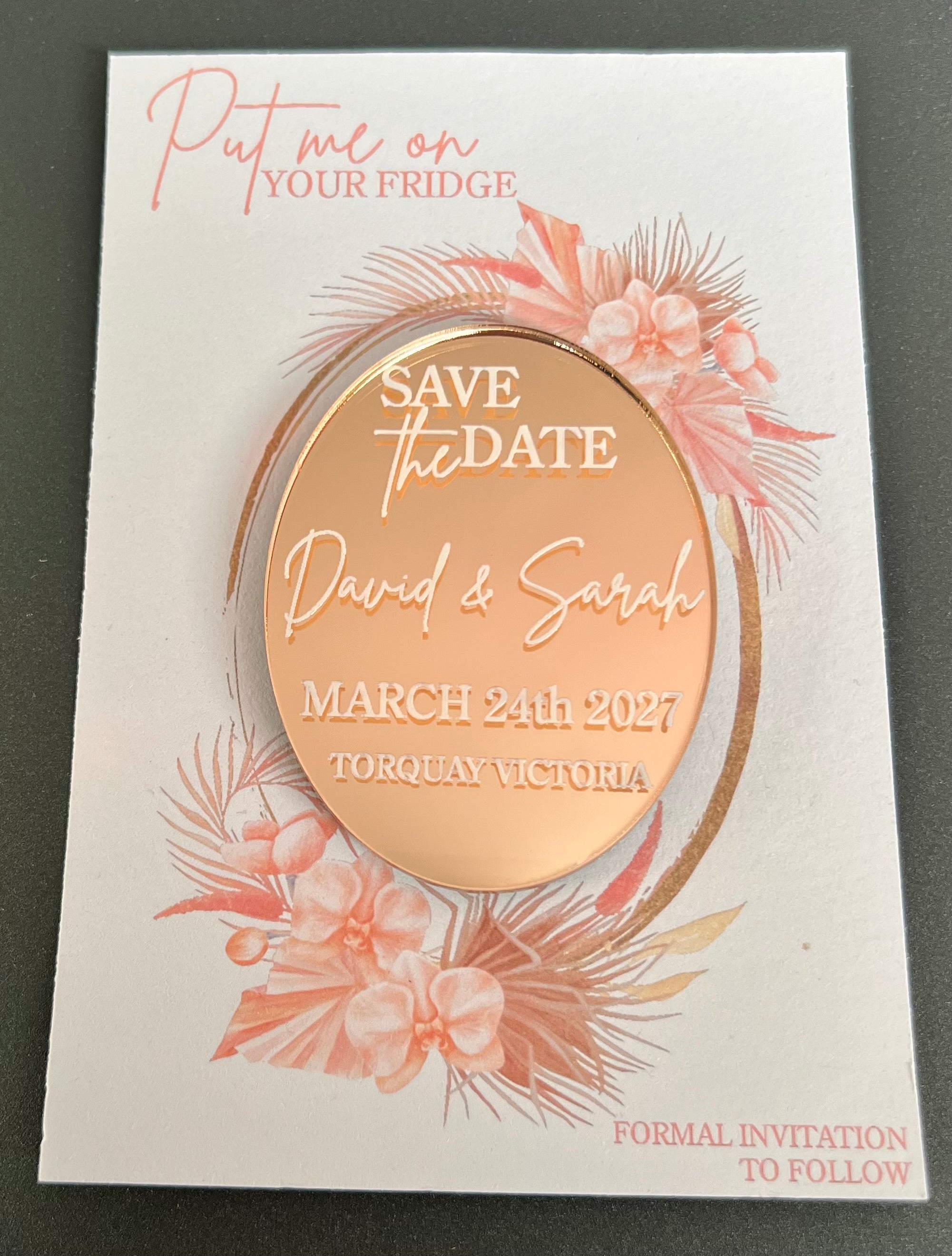 Save the Date Magnet - Mirrored Rose Gold Acrylic - Oval Boho Design