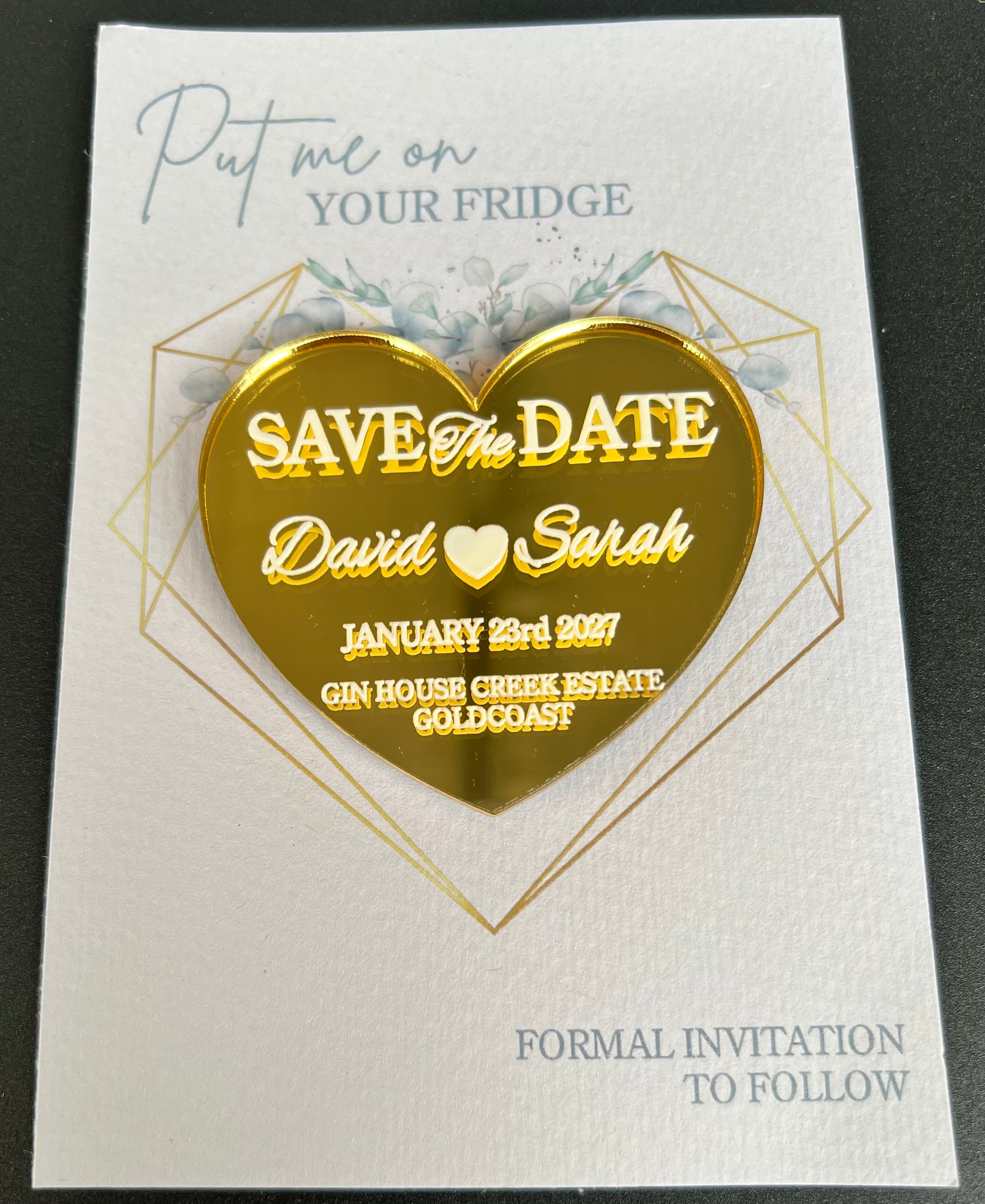 Save the Date Magnet – Mirrored Gold Acrylic | Heart Shape