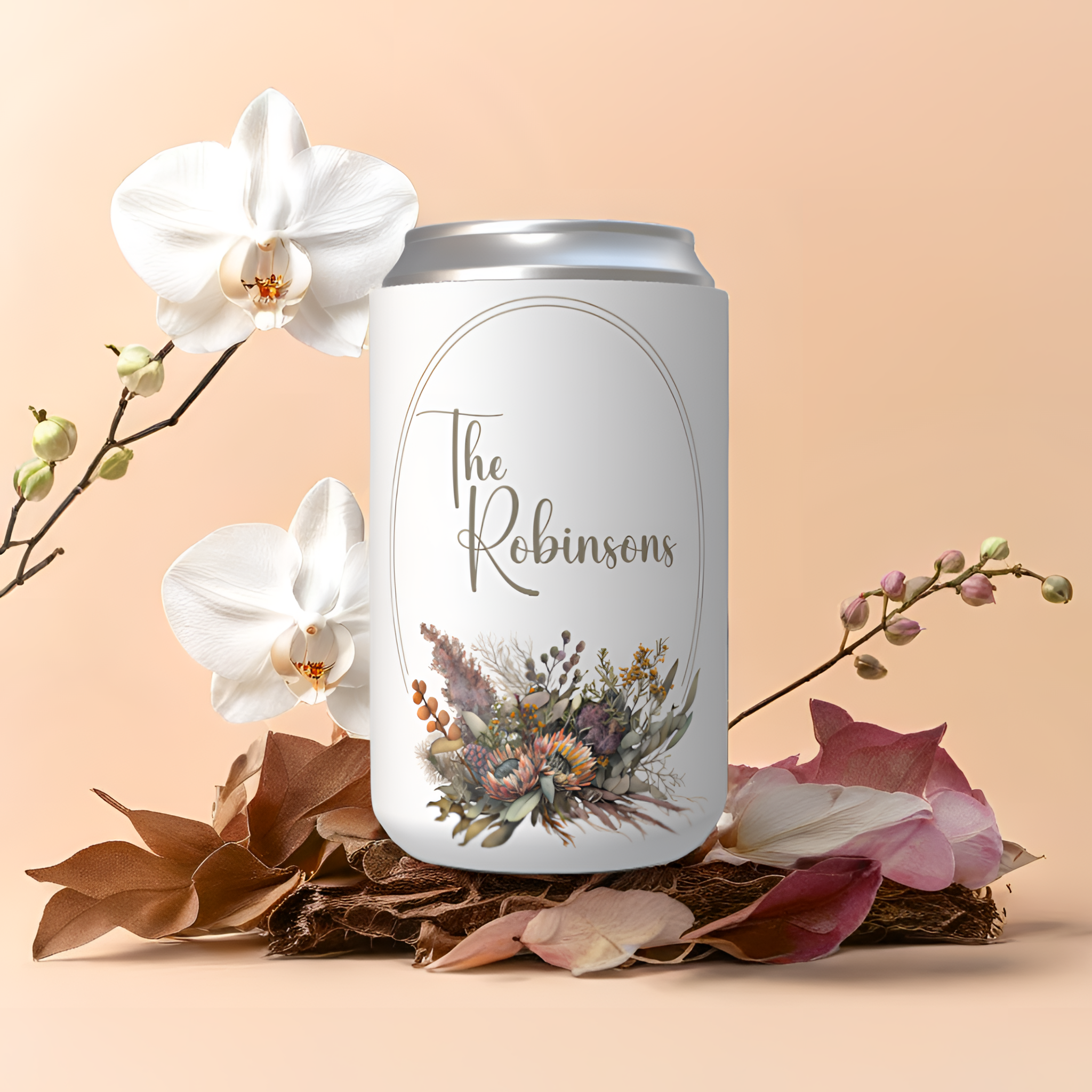 Customisable Wedding Stubby holder - Australian Native Flowers