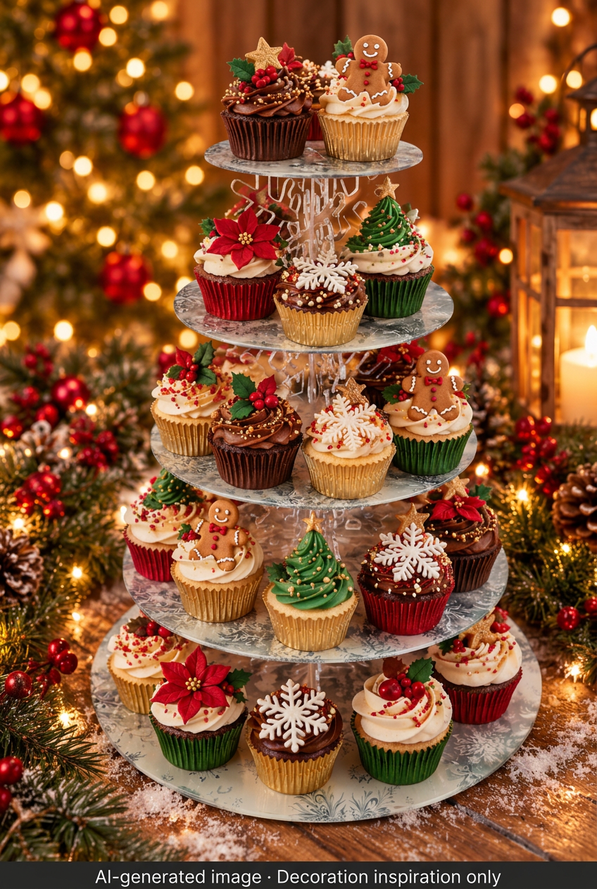 AI-generated Christmas cupcake display for decoration inspiration only