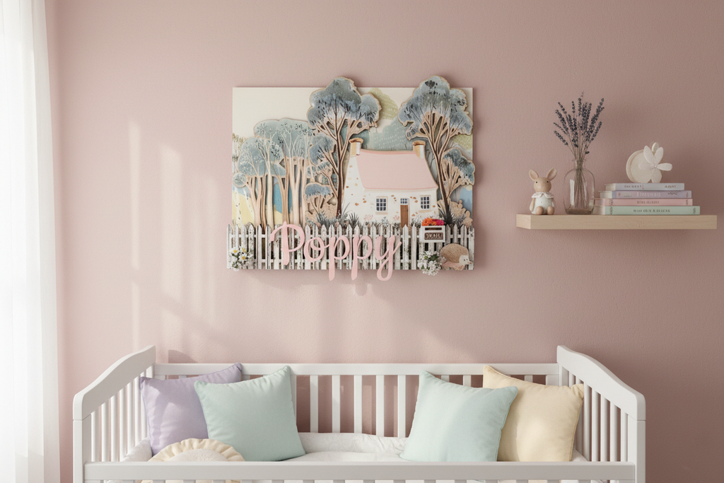 Personalised layered cottage wall sign displayed on a soft pastel nursery wall