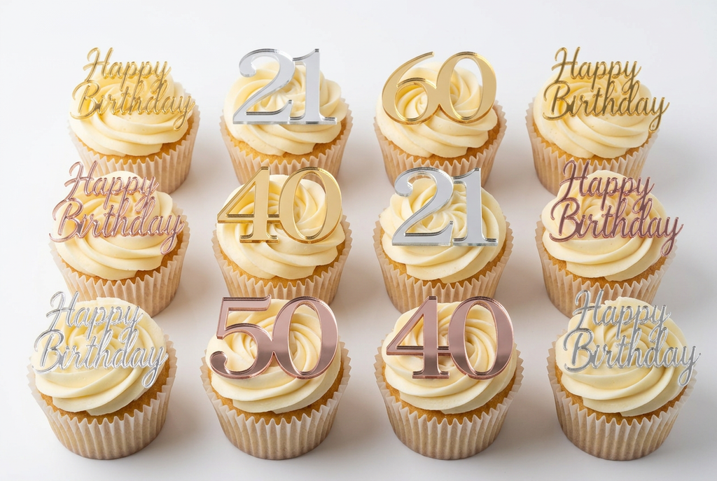 12 cupcakes topped with mirror acrylic Happy Birthday cupcake charms and mirror acrylic milestone number birthday toppers